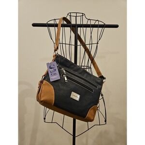 Stone & Co Two Tone Shoulder Bag 12"x9" Black Tan Purse NEW